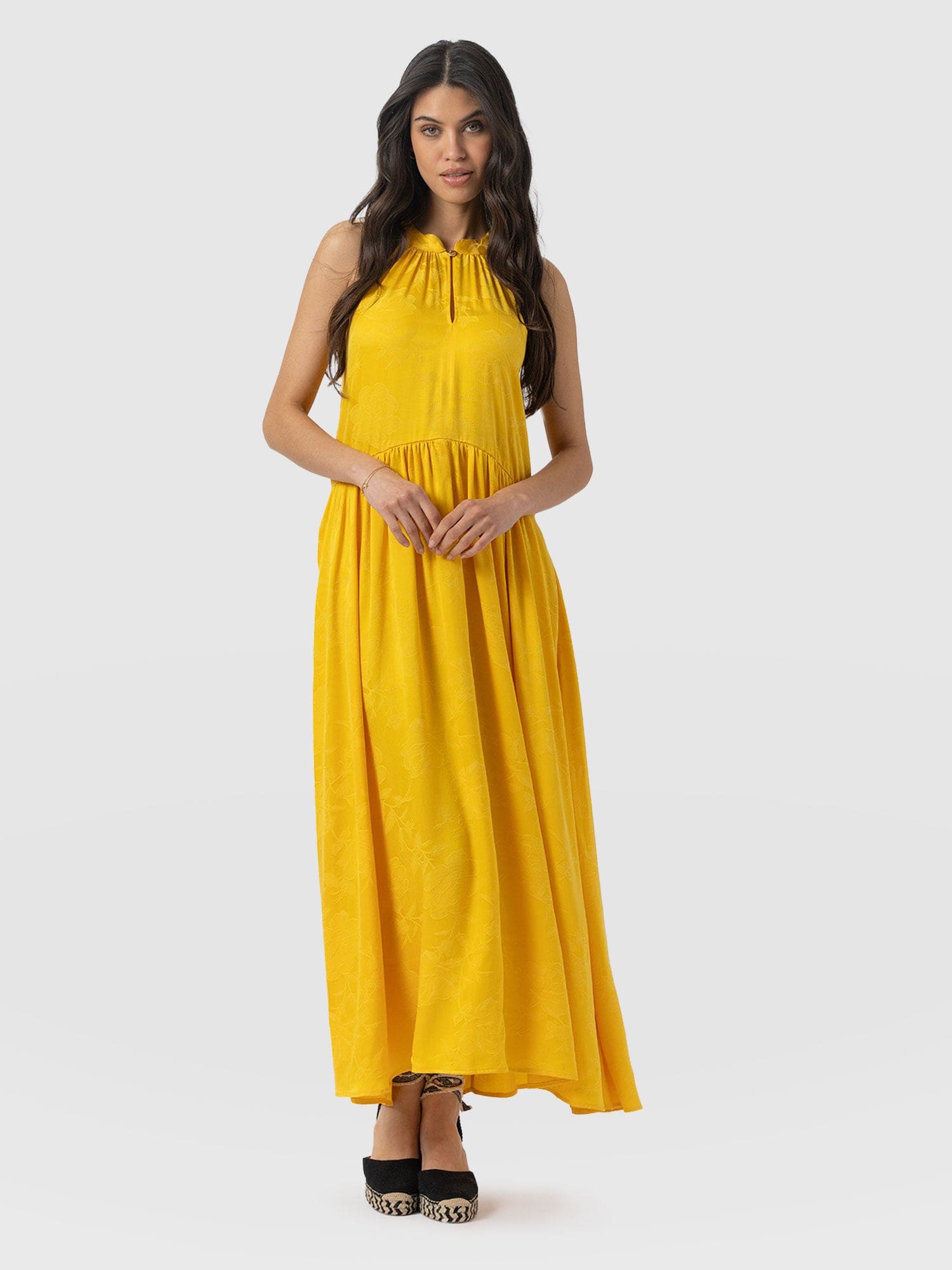 Zoey Halter Neck Dress - Yellow Jacquard